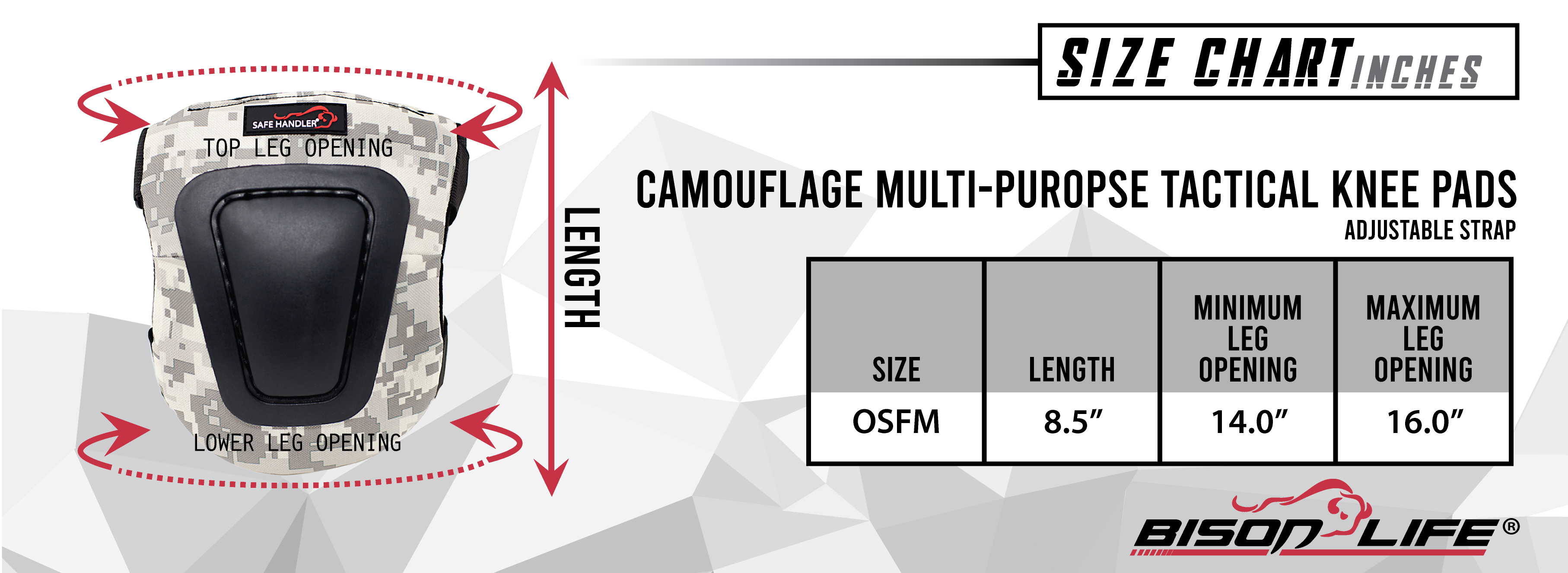Camouflage Multi-Purpose Protective Knee Pads Size Chart