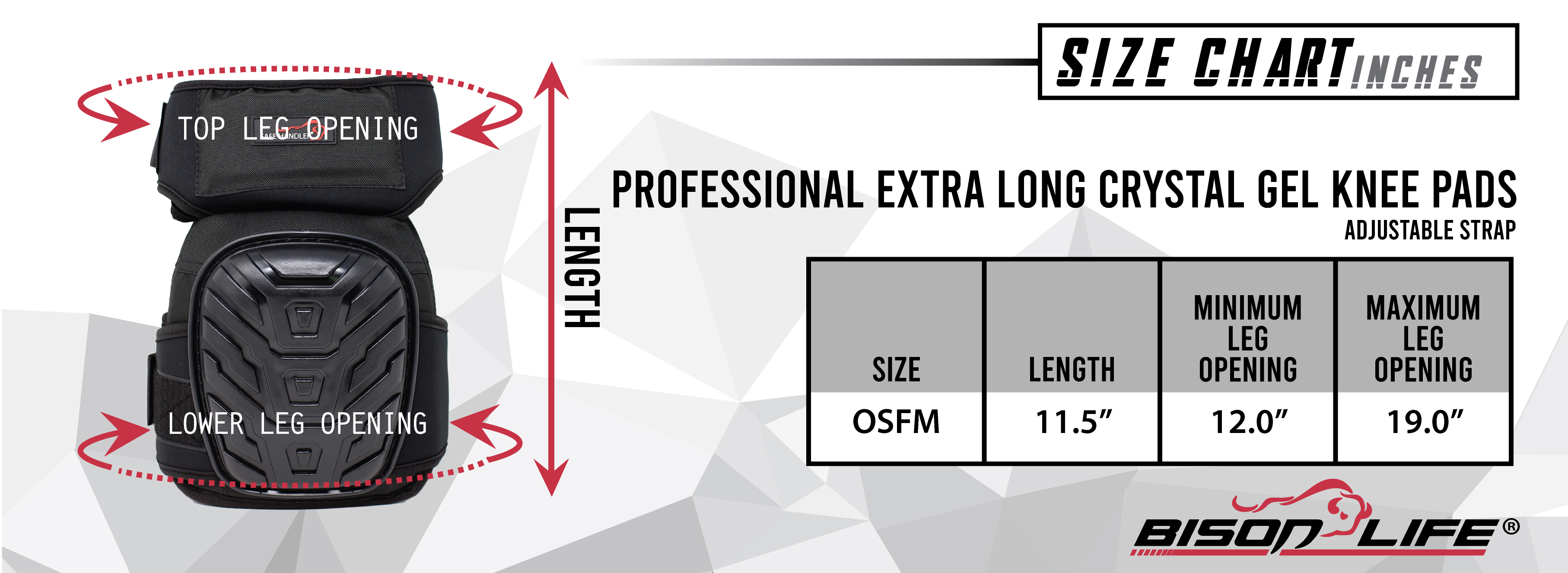 Safe Handler Professional Extra Long Crystal Gel Knee Pads Size Chart