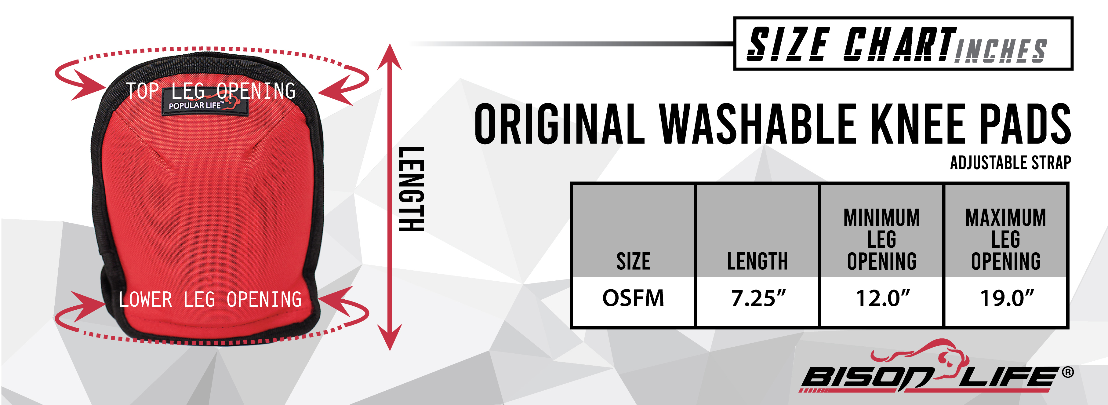 Original Washable Knee Pads Size Chart