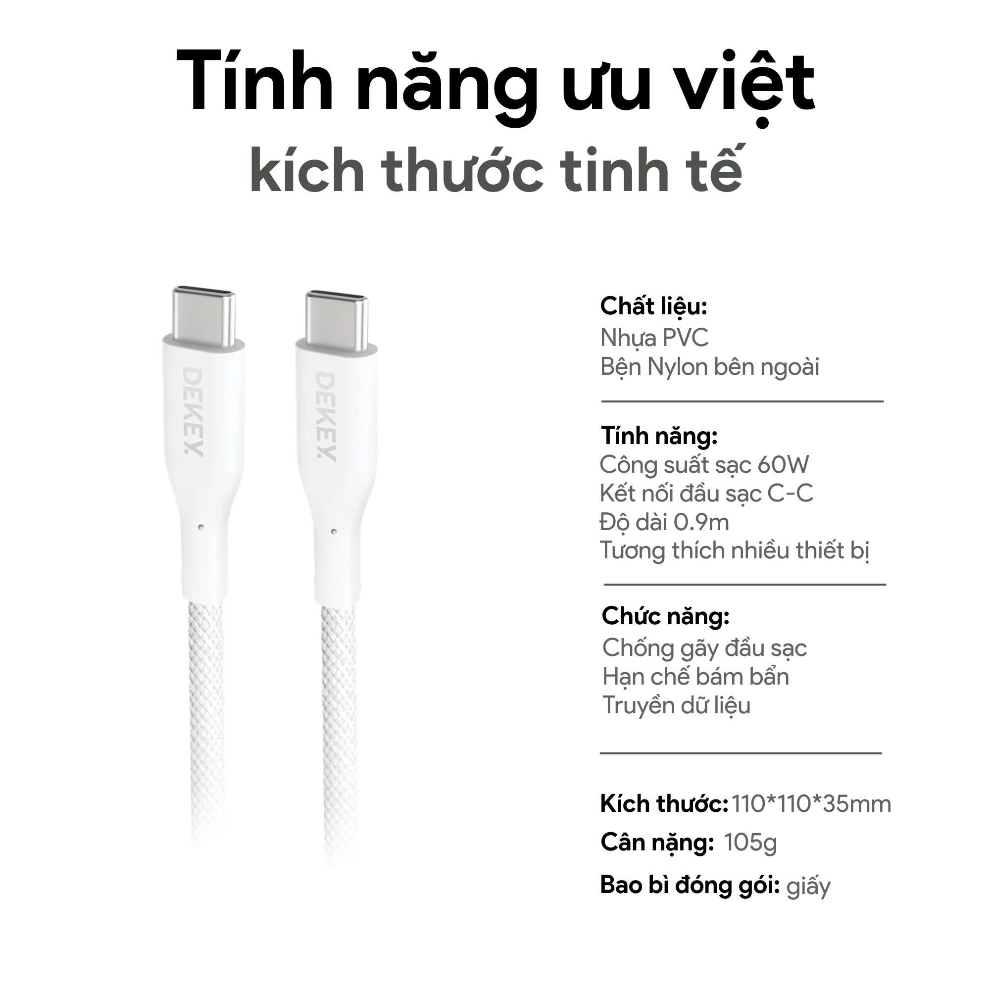 Cáp Dekey Power Pioneer Cáp USB Type C sang Type C, 60W 9