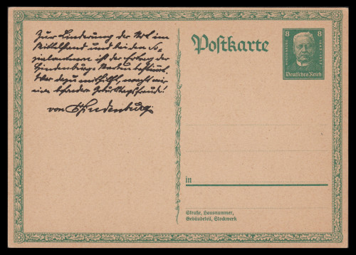 Hindenburg Facsimile Autograph On 1927 Postcard
