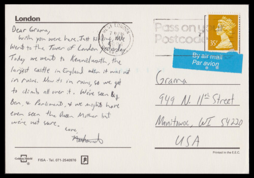 London-USA Postcard 05APR1994, Phosphor Dots On Tied Air Mail Label