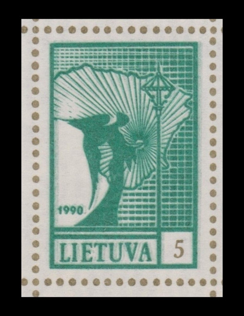 Lithuania Angel S#375 with Broken Rays (J#461v1) and Doubling (J#461s1). This double-error stamp is not listed. Note broken sun rays at tip of upper wing. Lower-left stamp in sheet.