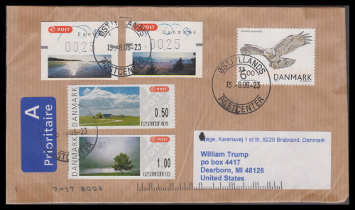 5AUG2006 Denmark-to-USA cover, Tied Priority Mail Label + Vended Postage
