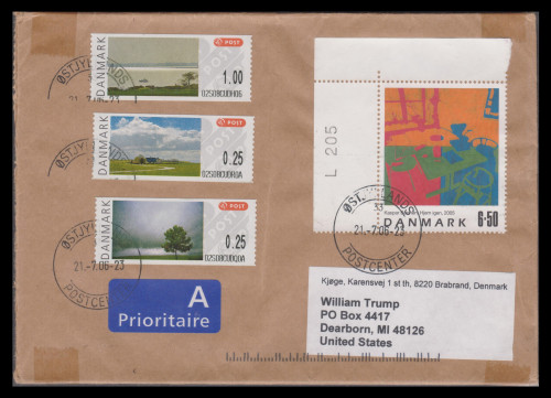 21JUL2006 Denmark-to-USA cover, Tied Priority Mail Label + Vended Postage Labels