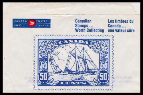 This adorable glassine envelope from Canada Post features Canada's famous schooner 'Bluenose' stamp.