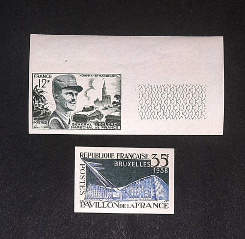 France sc 692A, Gen. Leclerc, 1954, imperf mnh. France sc 877, Brussels Expo, 1958, imperf mnh.