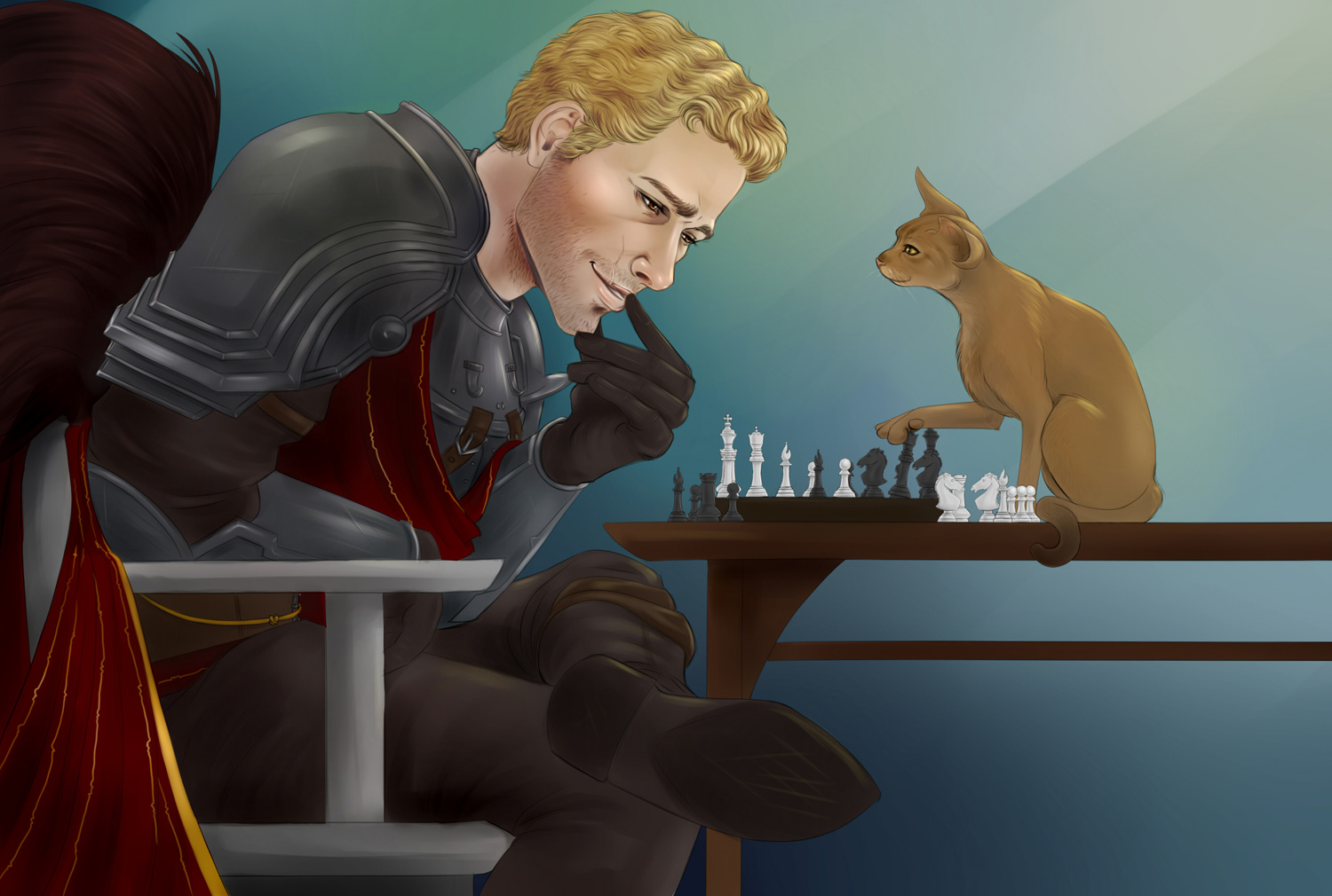 Cullen plays a game of chess with a small tawny colored cat in Skyhold