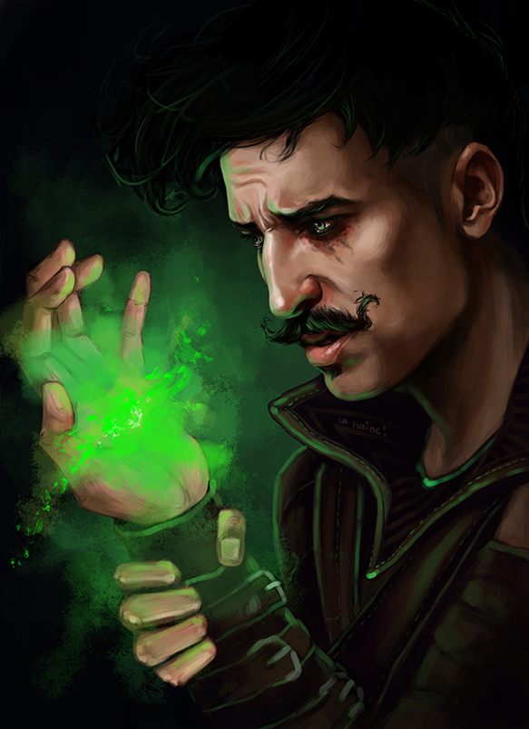 A picture of Dorian Pavus with tears streaking down his face as he stares at his hand which is now glowing green with the Anchor. Art by xla-hainex