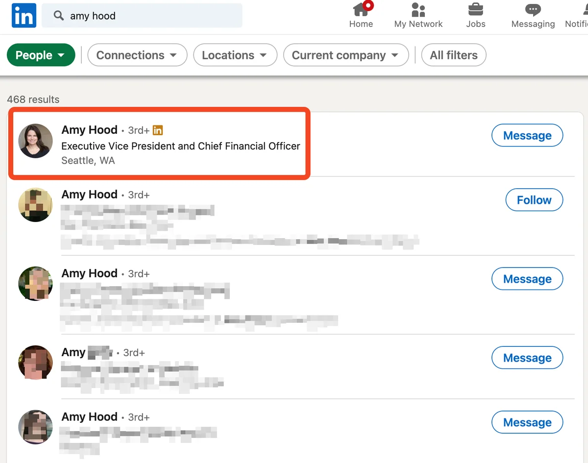 LinkedIn people search for Amy Hood by name only