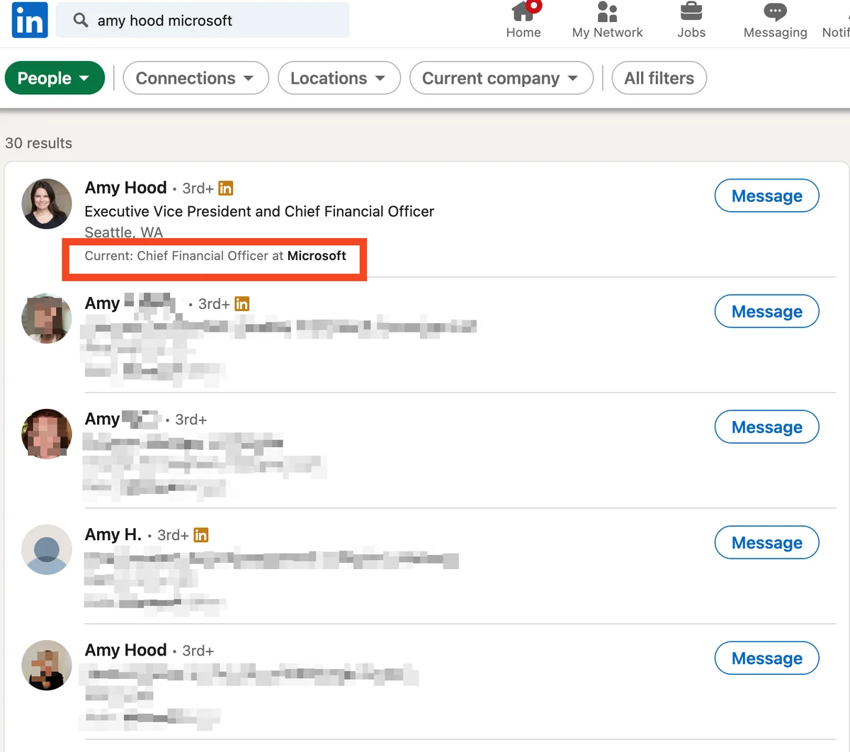 LinkedIn people search for Amy Hood with Microsoft added