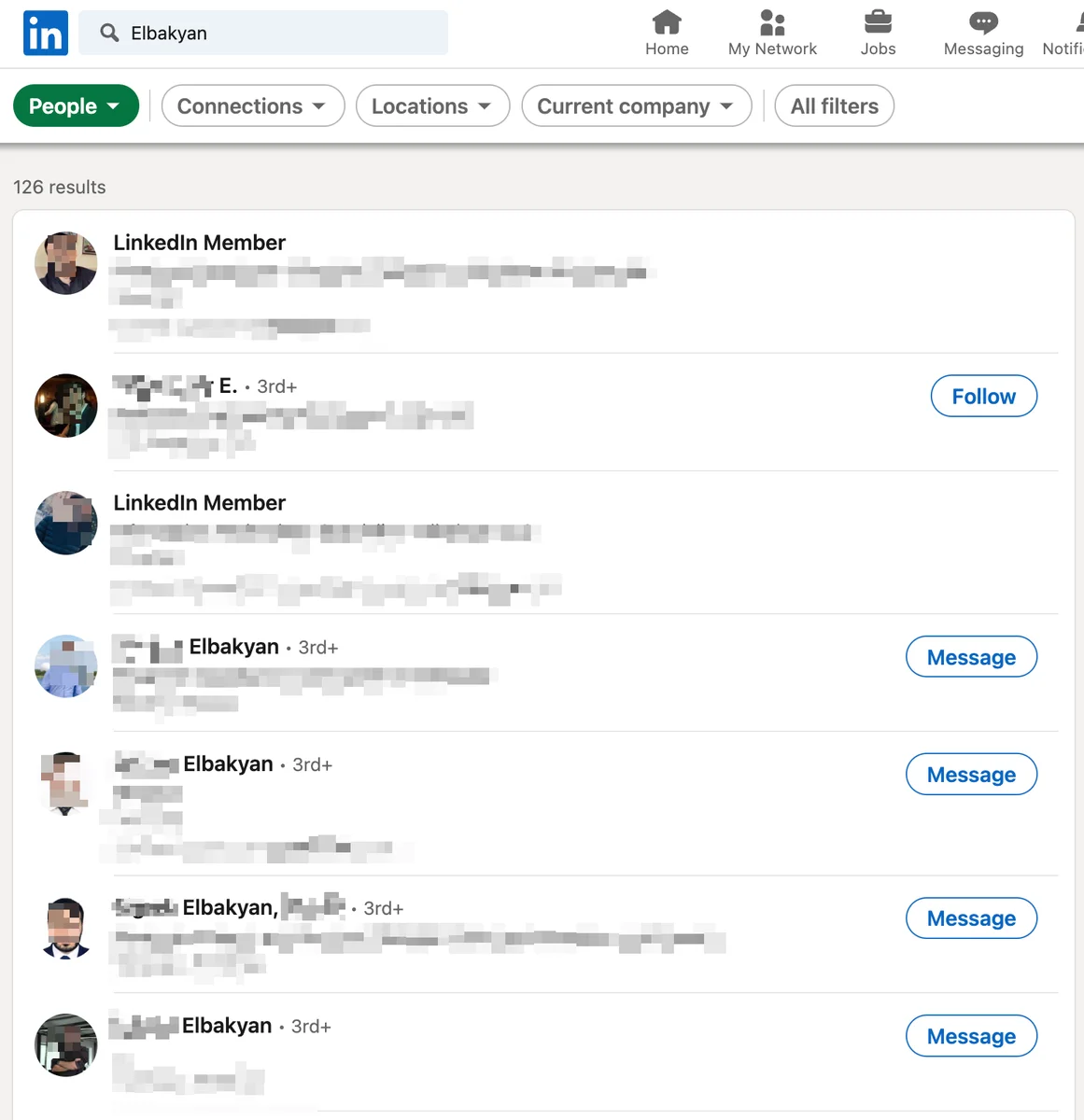 LinkedIn people search for Elbakyan before location filtering