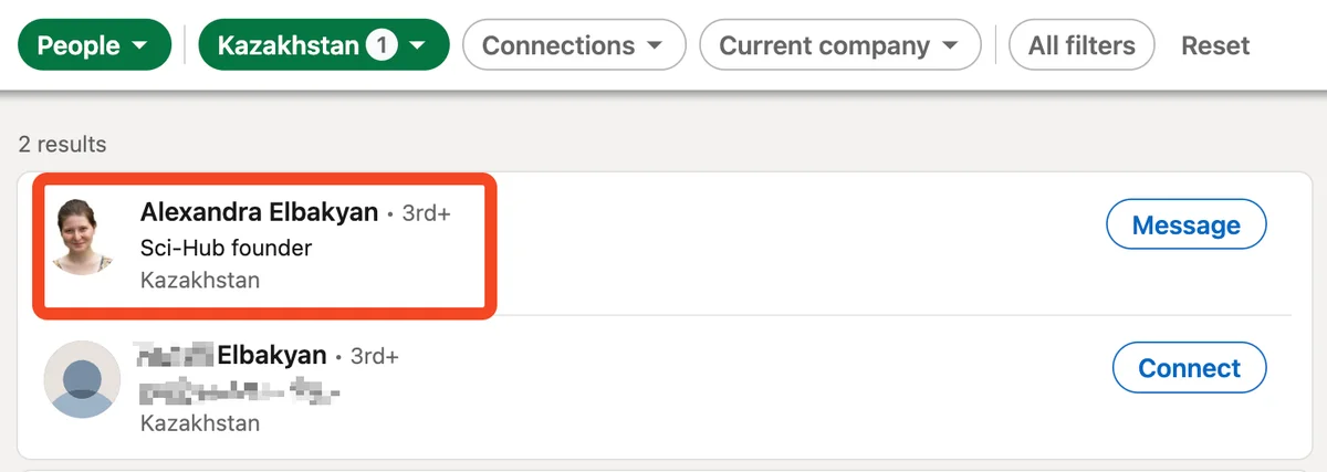 LinkedIn people search for Elbakyan filtered by Kazakhstan