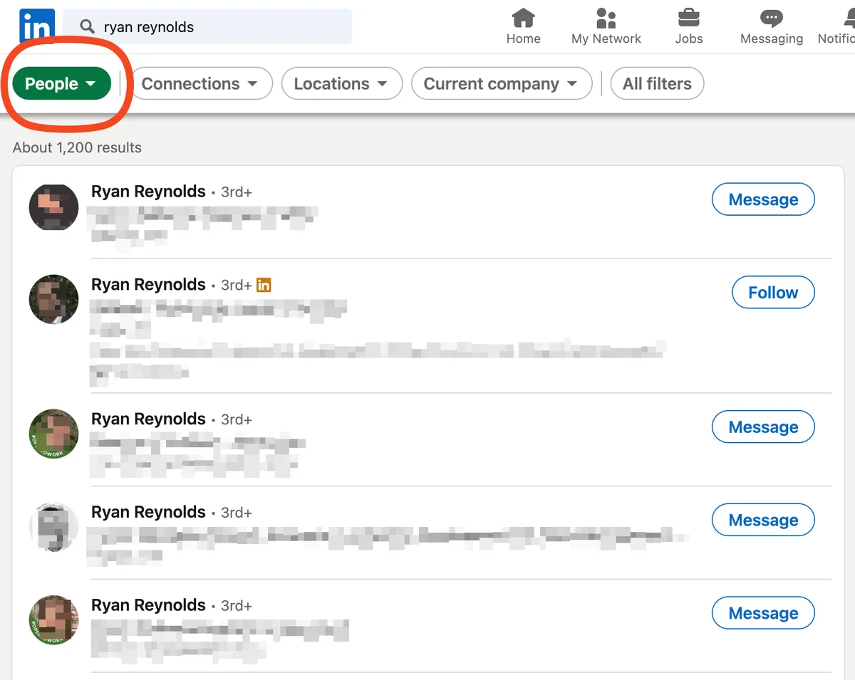 LinkedIn people search for Ryan Reynolds before using quotes