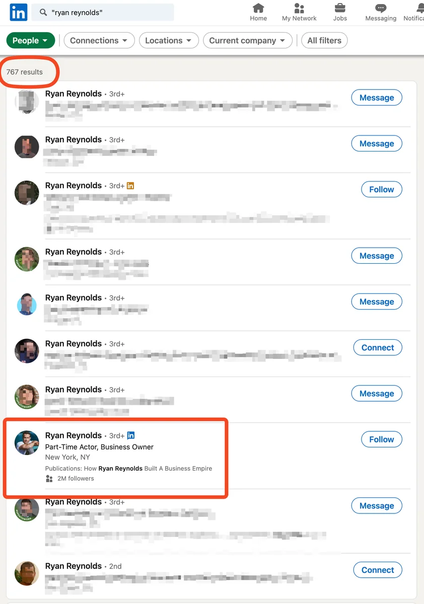 LinkedIn people search for Ryan Reynolds with quotes to reduce noise