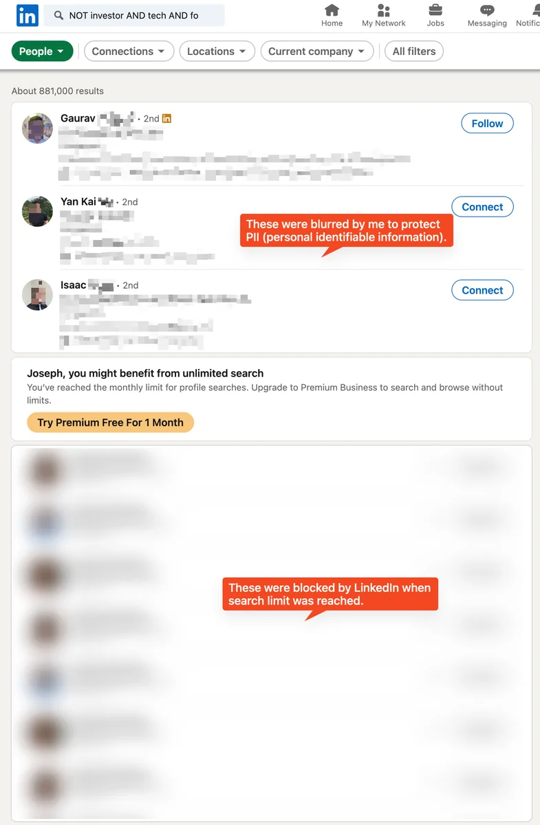 LinkedIn people search limit reached screen