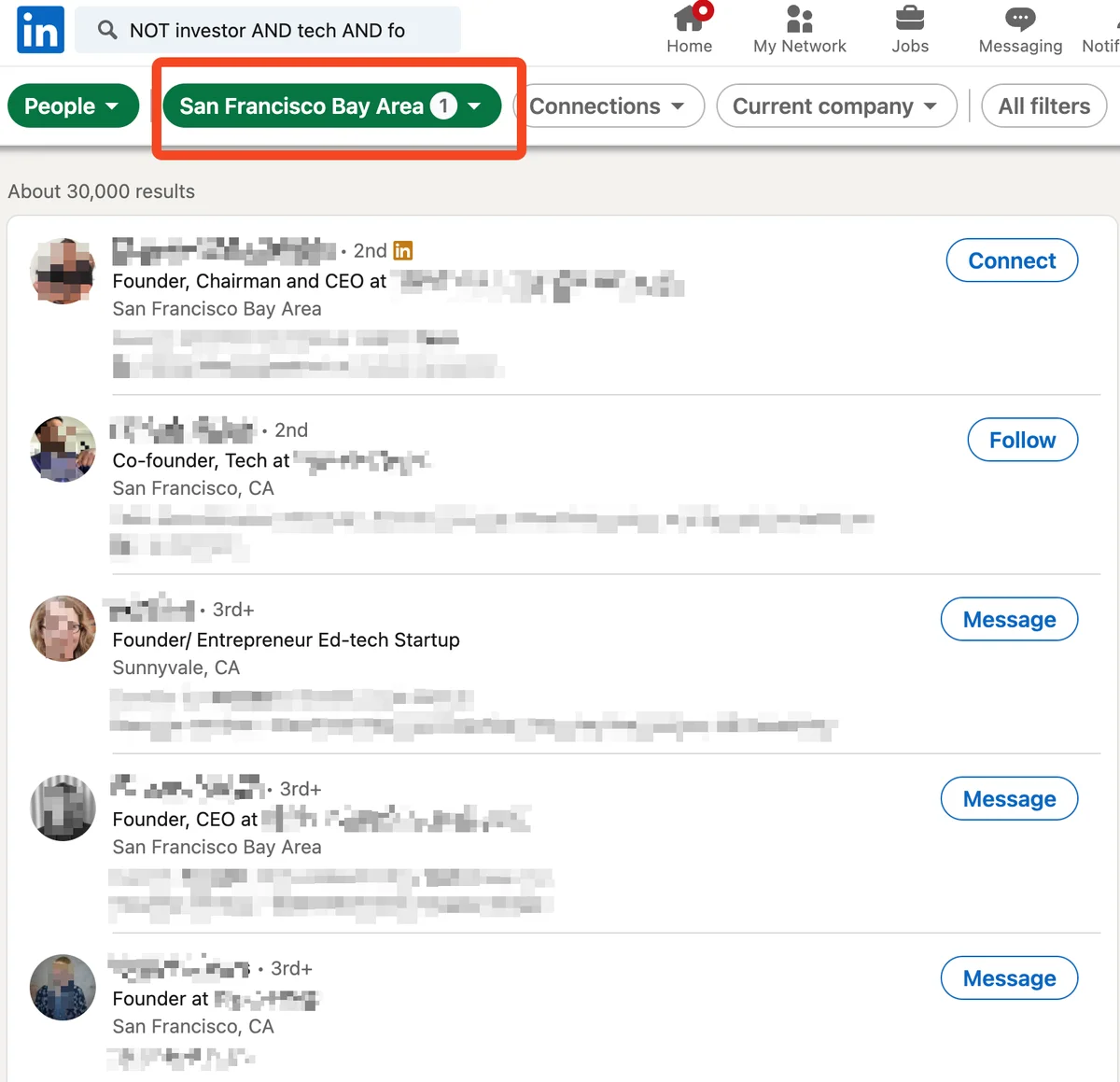 LinkedIn people search improved by excluding investors with NOT