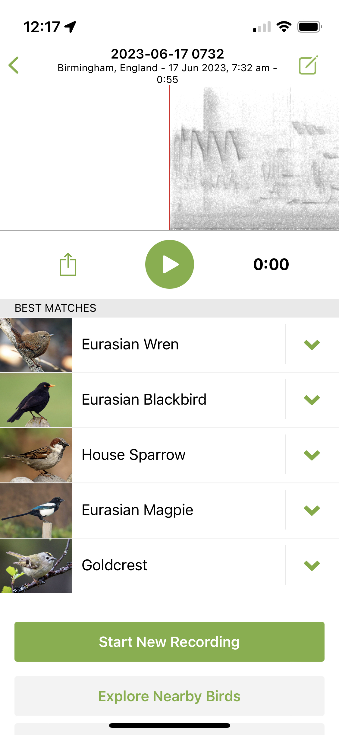 Screenshot of sound ID recording feature, showing a sonogram representation of the sound and a list of identified birds with names and photographs.