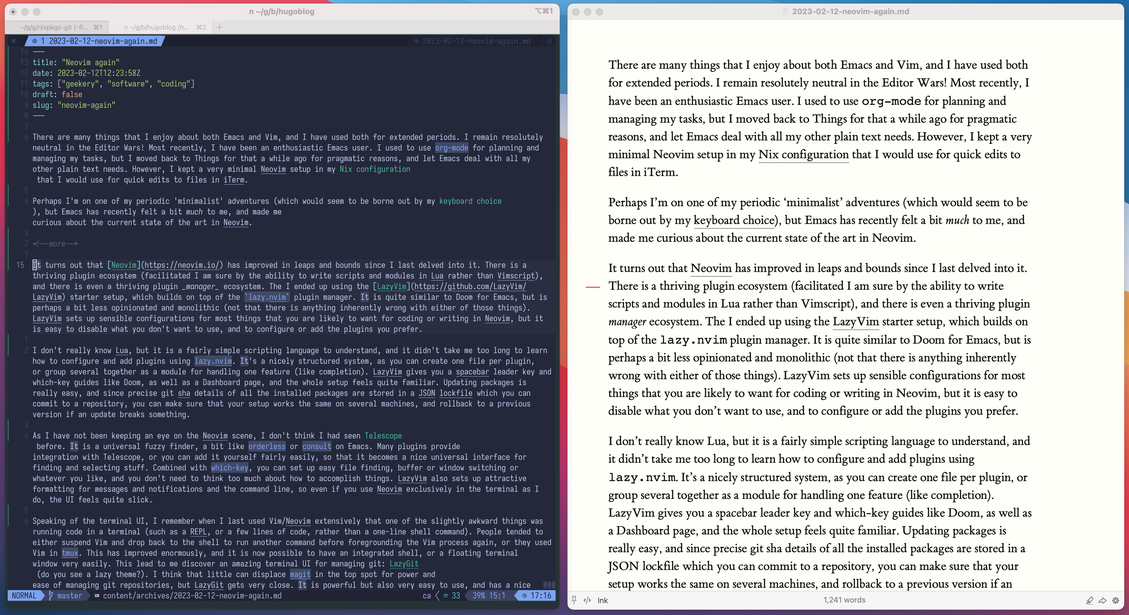 On the left, a terminal window running Neovim, shows a Markdown source file with coloured syntax highlighting and a fancy modeline. On the right, Marked shows a preview of the Markdown file rendered to HTML.