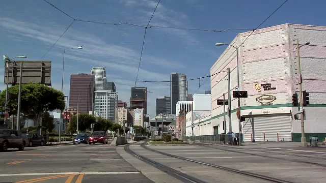 Los Angeles,  Metro Train Station on Pico Blvd, Los Angeles with Skyline of Los Angeles Downtown at the Back, USA, 2000s