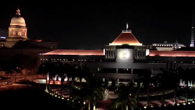 The Parliament House at Night with the Former Supreme Court, Singapore, 2000s