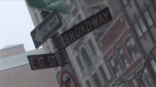 New York City, Manhattan, Snowstorm, 17th and Broadway Sign, USA, 2000s