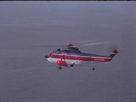 Bristow Helicopter in Flight Over North Sea, UK, 1980s