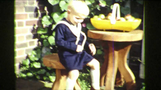 Little Blonde Boy  in Backyard, Baby in Pram, England, UK, 1950s