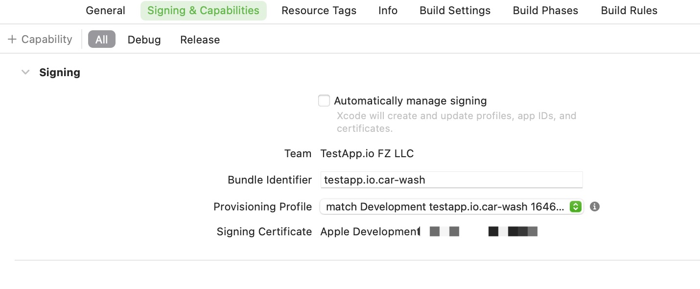 Select certificate in Xcode