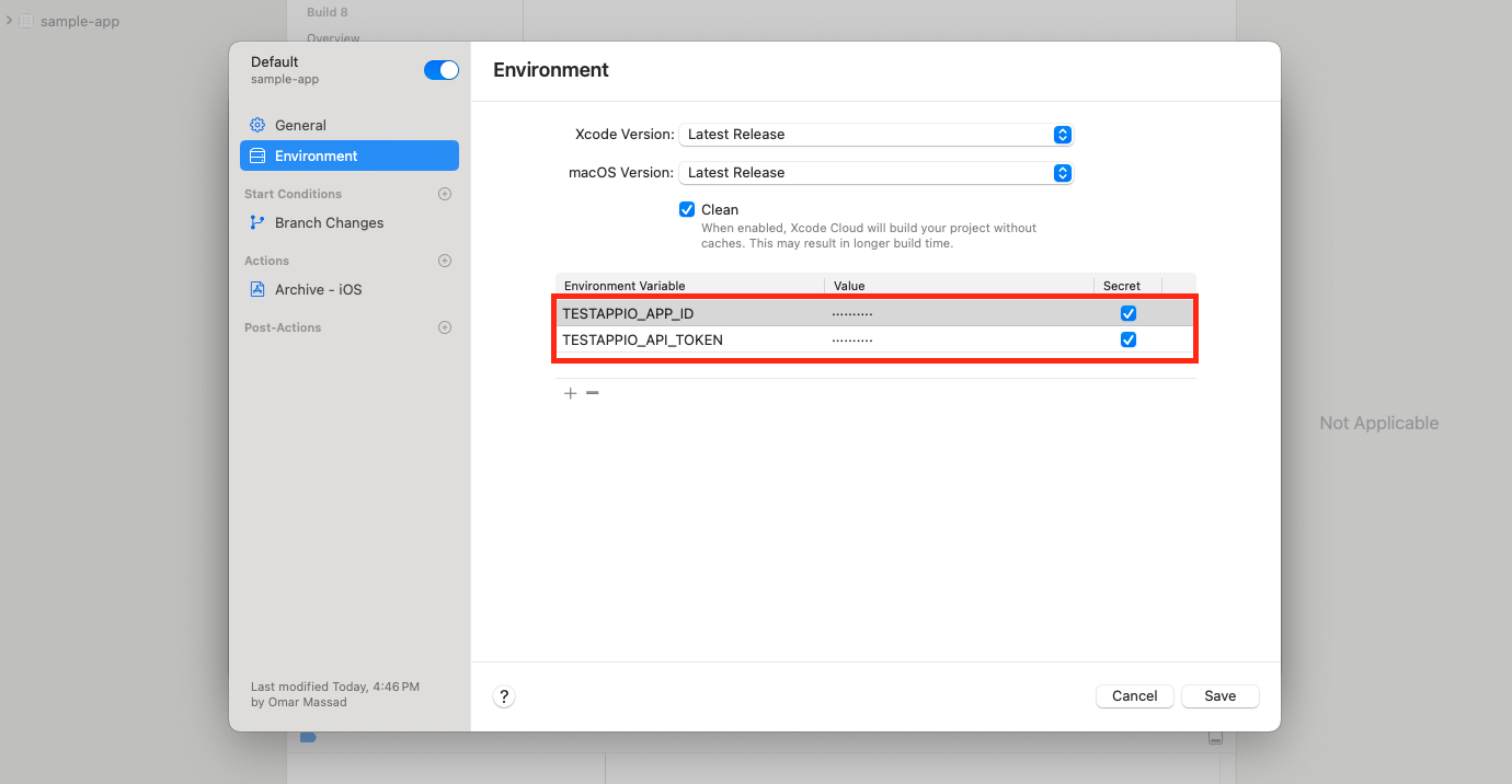 Environment variables for TestApp.io inside Xcode Cloud workflow