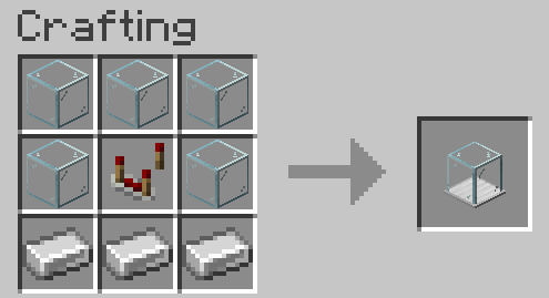 The Vending Block can be crafted using 5 glass, 3 iron ingots, and 1 redstone comparator.