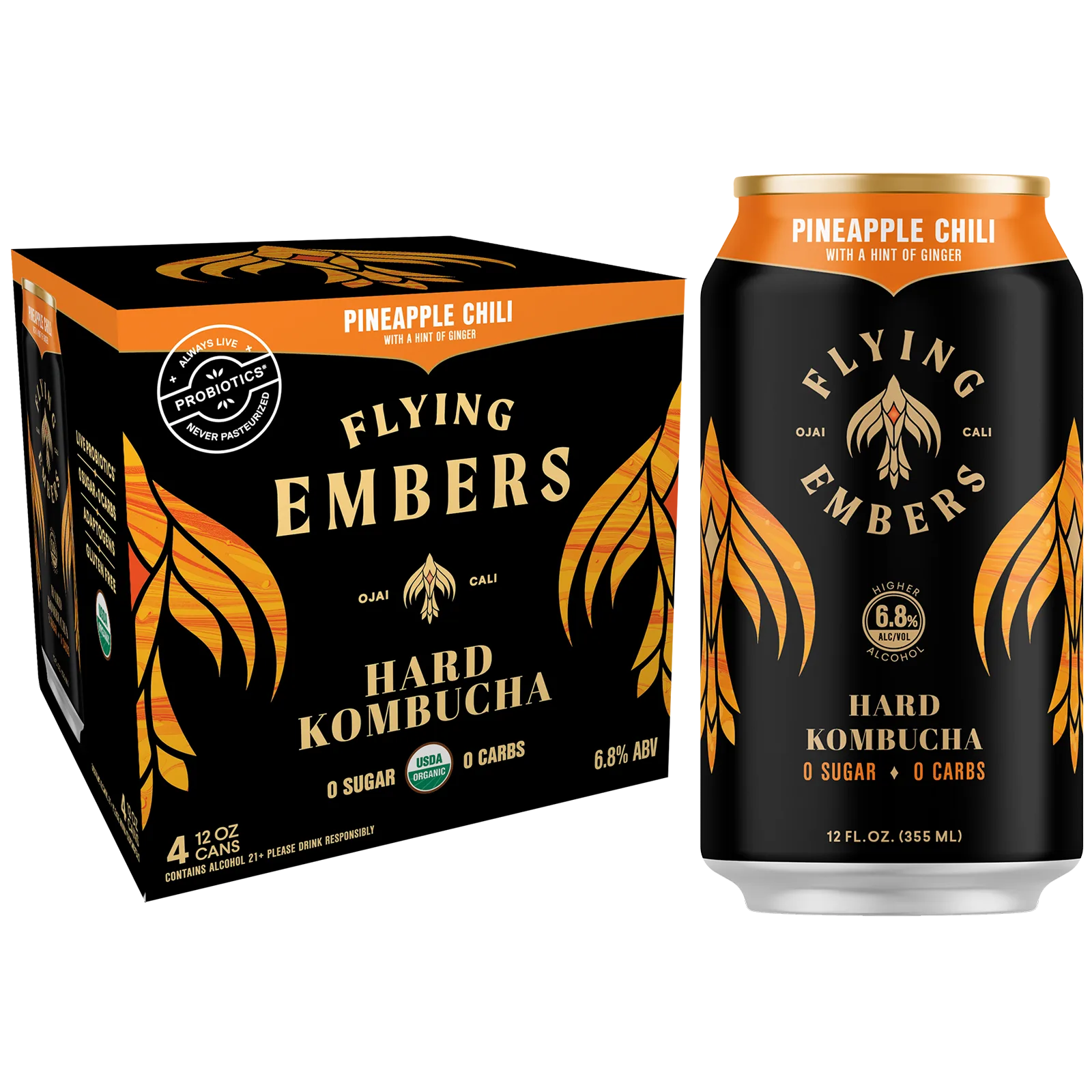 Flying Embers Pineapple Chili Hard Kombucha 4pk 12oz Can 6.8% ABV