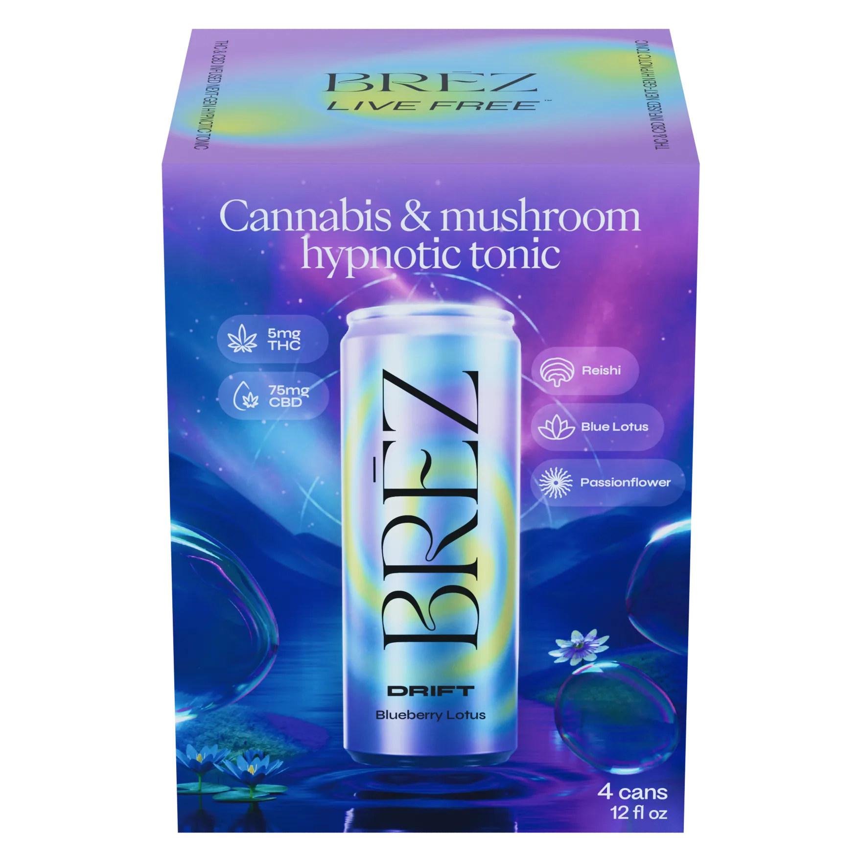 Brez Drift Cannabis & Reishi Hypnotic THC Tonic 48pk Can 5mg THC, 75mg CBD, Blueberry Lotus
