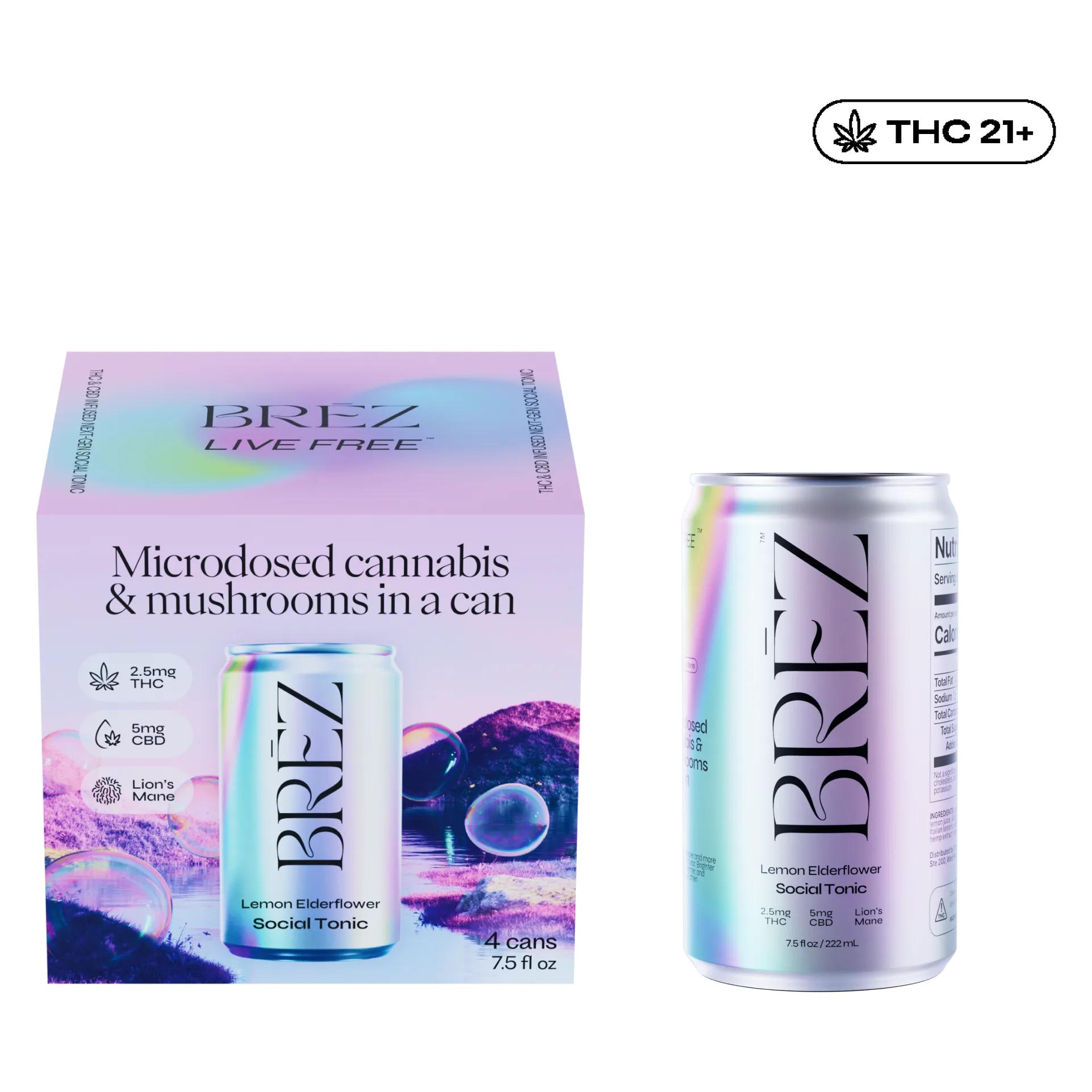BREZ 2.5mg THC and Lion's Mane Lemon Elderflower 4pk 7.5oz Can