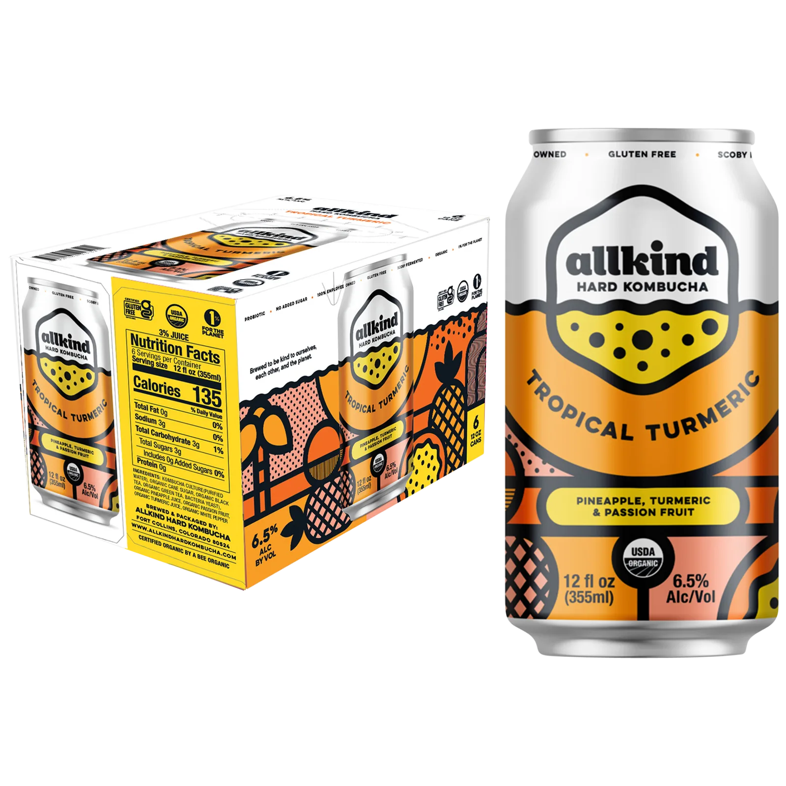 AllKind Tropical Turmeric Hard Kombucha 6pk 12oz Can 6.5% ABV
