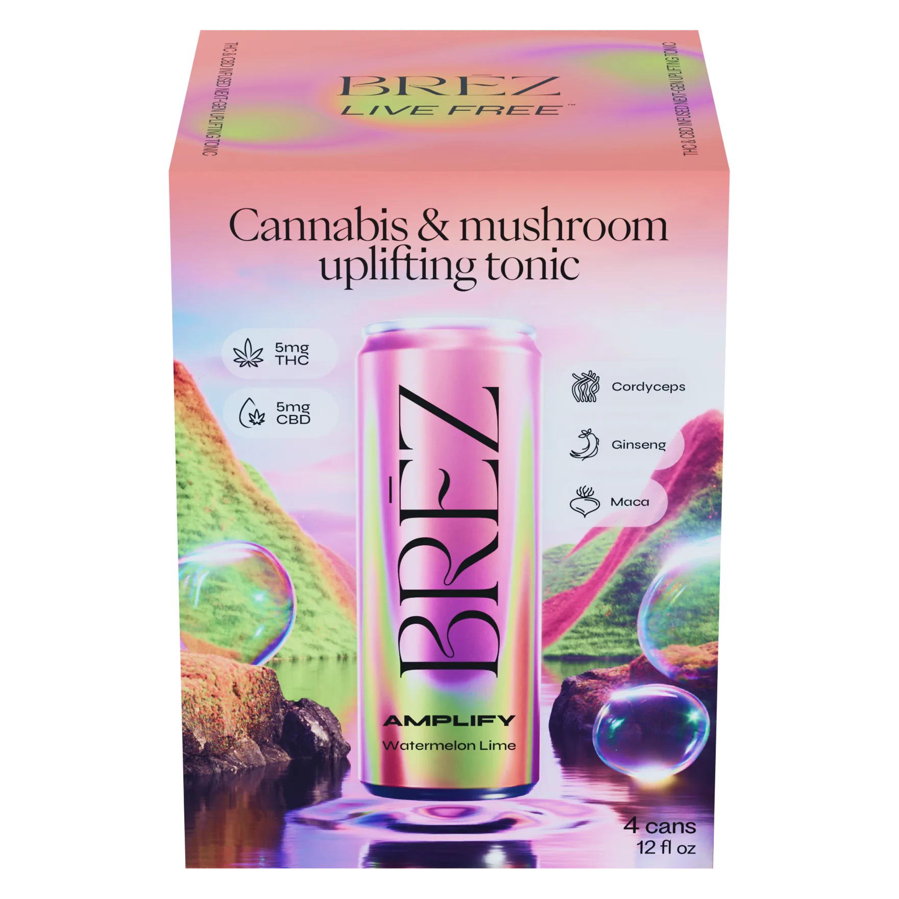 Brez Amplify Cannabis & Cordyceps Uplifting THC Tonic 24pk Can 5mg THC, 5mg CBD, Watermelon Lime