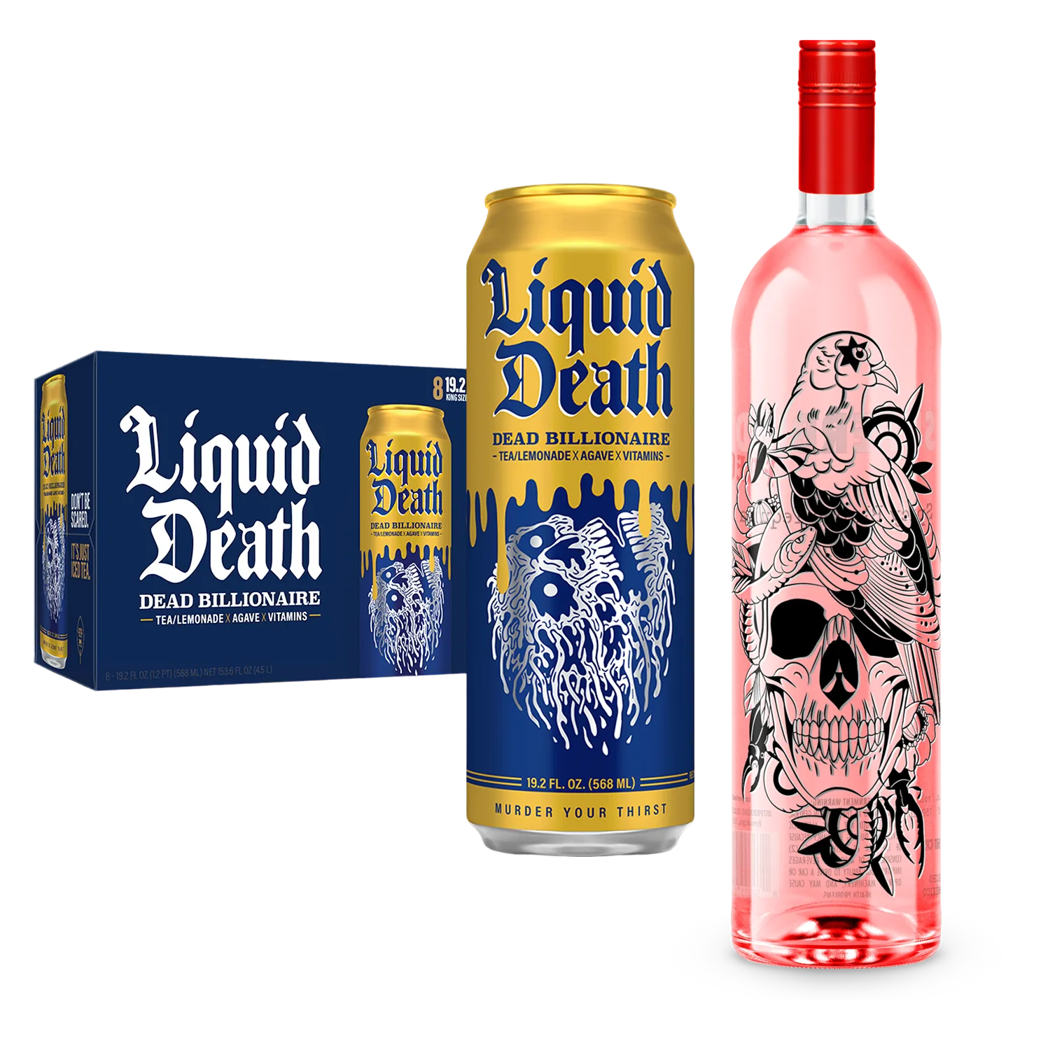 Superbird Spicy Tequila, Liquid Death Dead Billionaire Iced Black Tea 8pk 19.2oz King Size Cans