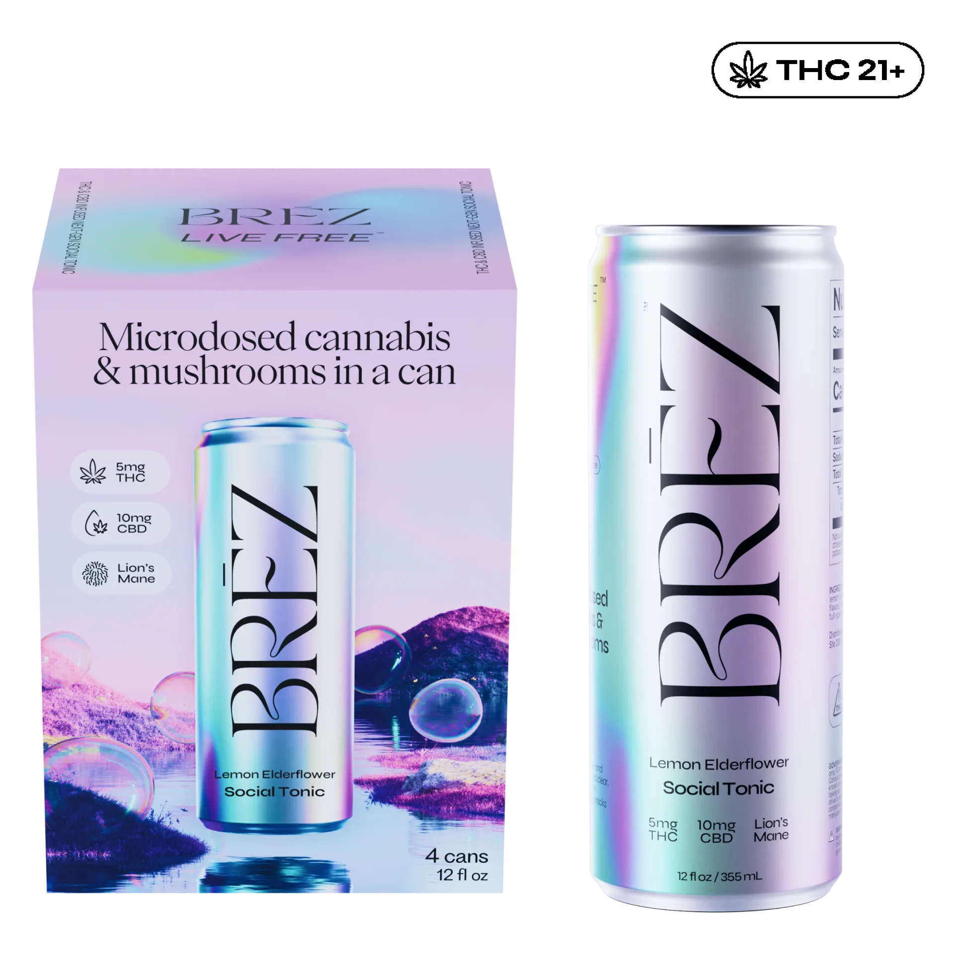 BREZ 5mg THC and Lion's Mane Lemon Elderflower 4pk Can