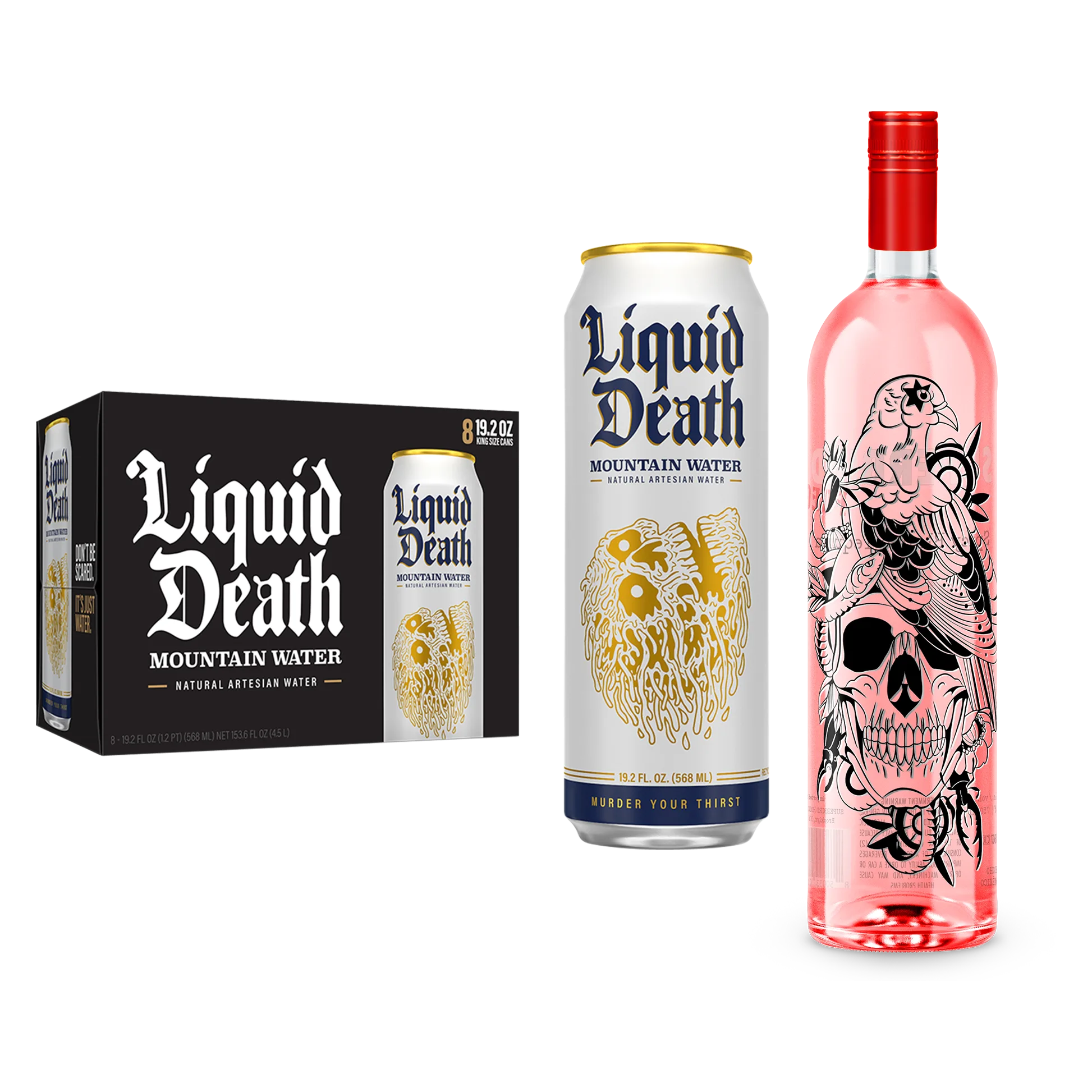 Superbird Spicy Tequila, Liquid Death Mountain Water 8pk 19.2 oz King Size Cans