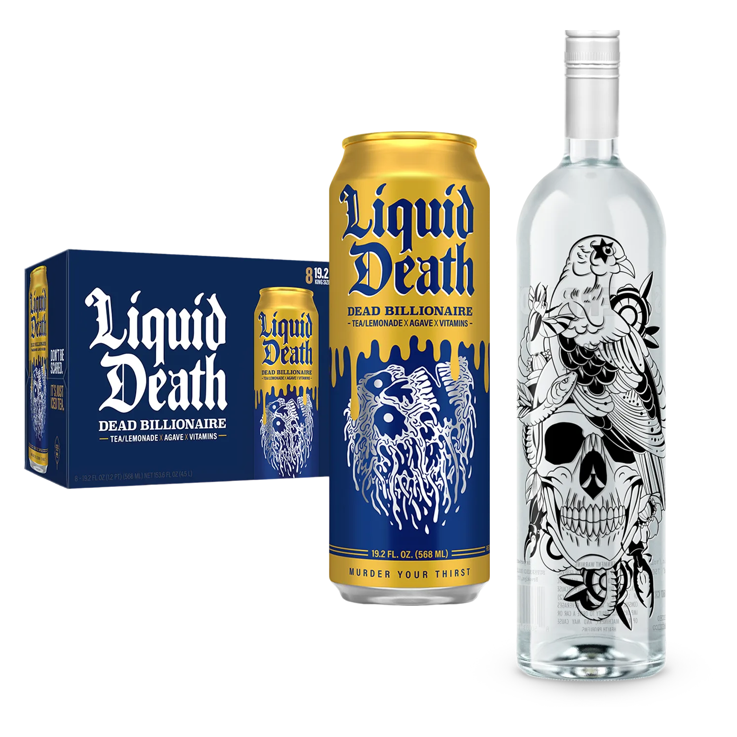 Superbird Blanco Tequila, Liquid Death Dead Billionaire Iced Black Tea 8pk 19.2oz King Size Cans