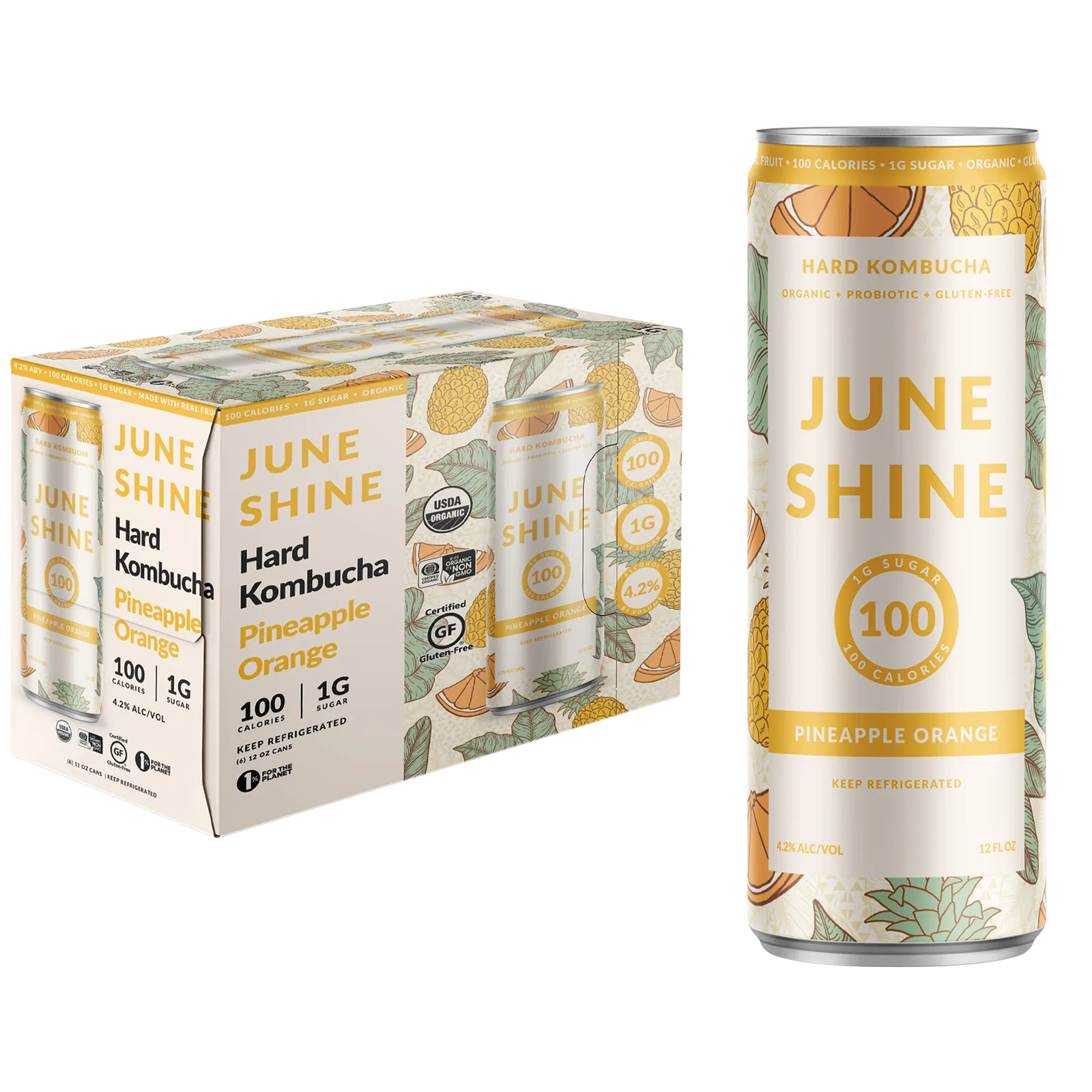 JuneShine Hard Kombucha 100 Calorie Pineapple Orange 6pk 12oz Can