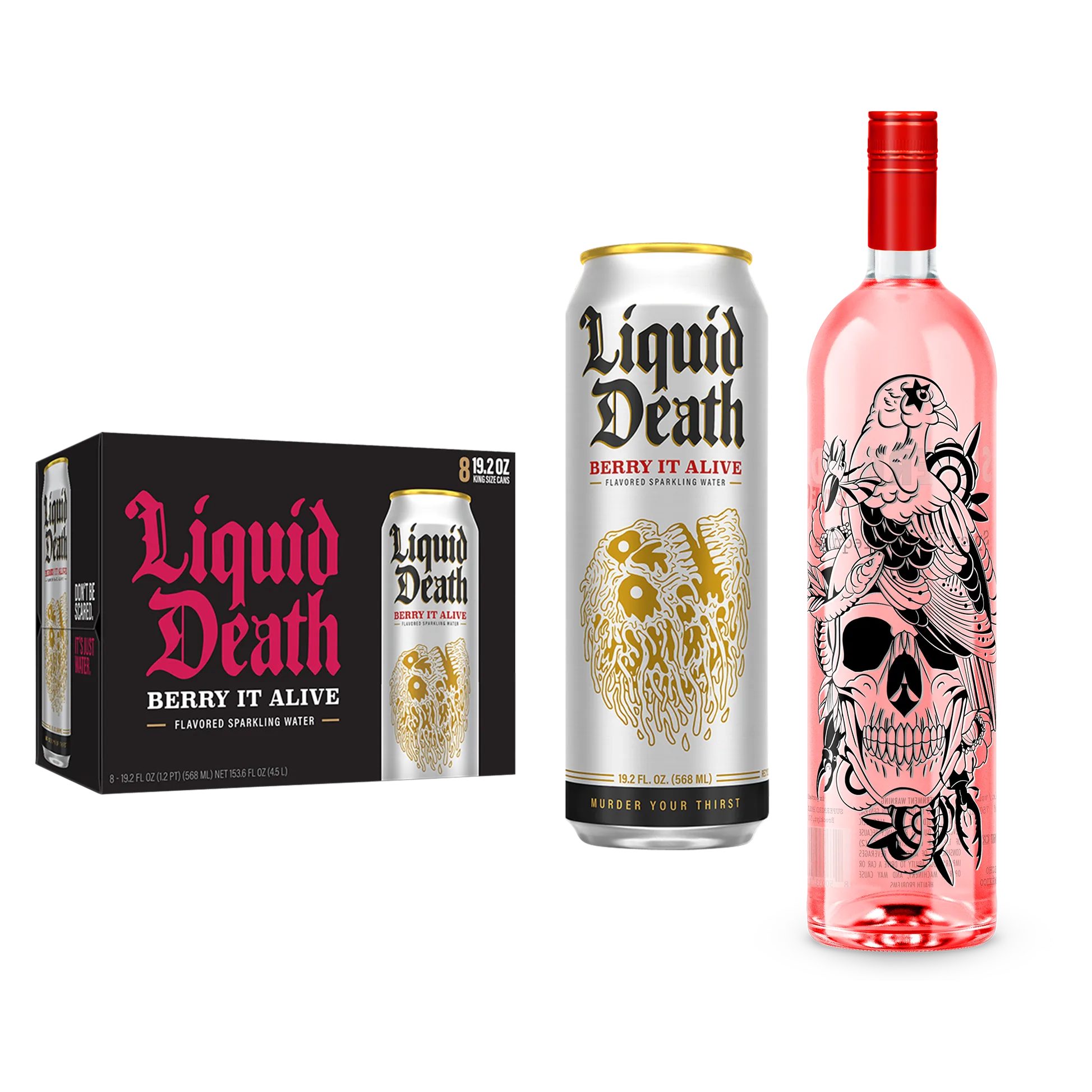 Superbird Spicy Tequila, Liquid Death Berry It Alive Sparkling Water 8pk 19.2 oz King Size Cans