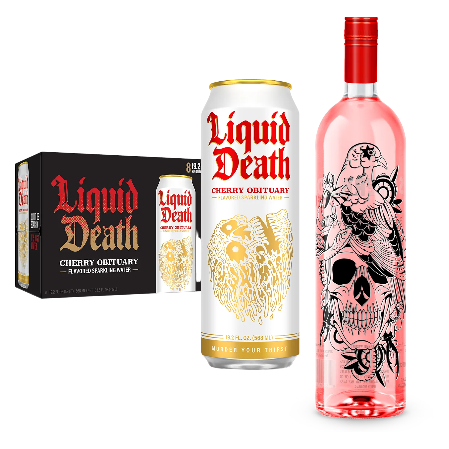 Superbird Spicy Tequila, Liquid Death Cherry Obituary Sparkling Water 8pk 19.2oz Can