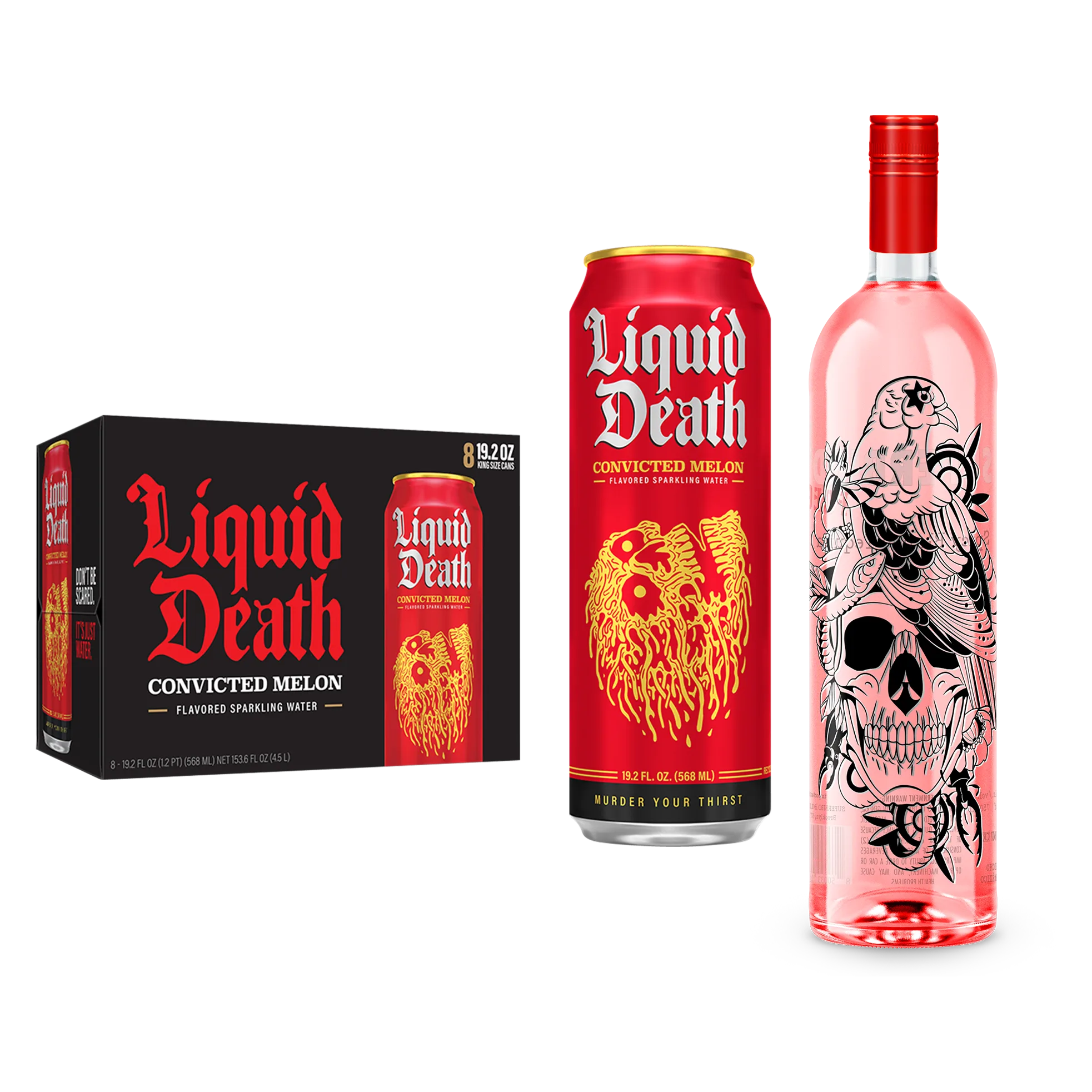 Superbird Spicy Tequila, Liquid Death Convicted Melon Sparkling Water 8pk 19.2 oz King Size Cans