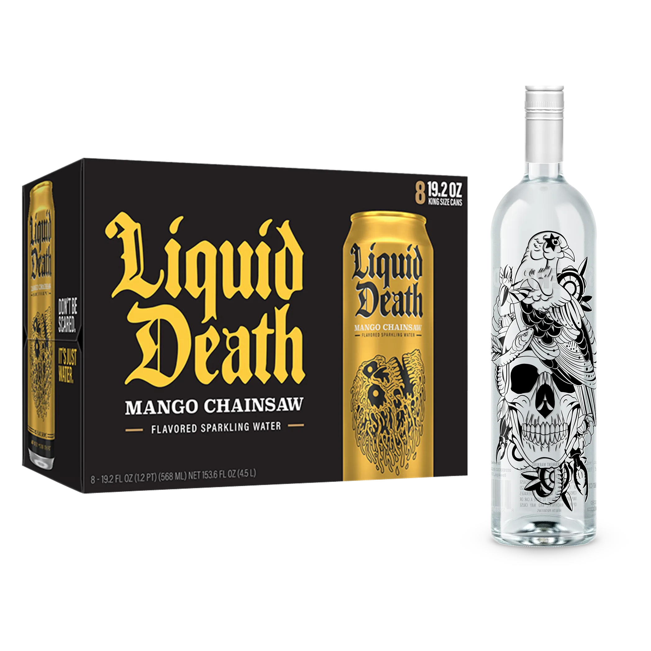 Superbird Blanco Tequila, Liquid Death Mango Chainsaw Sparkling Water 8pk 19.2 oz King Size Cans