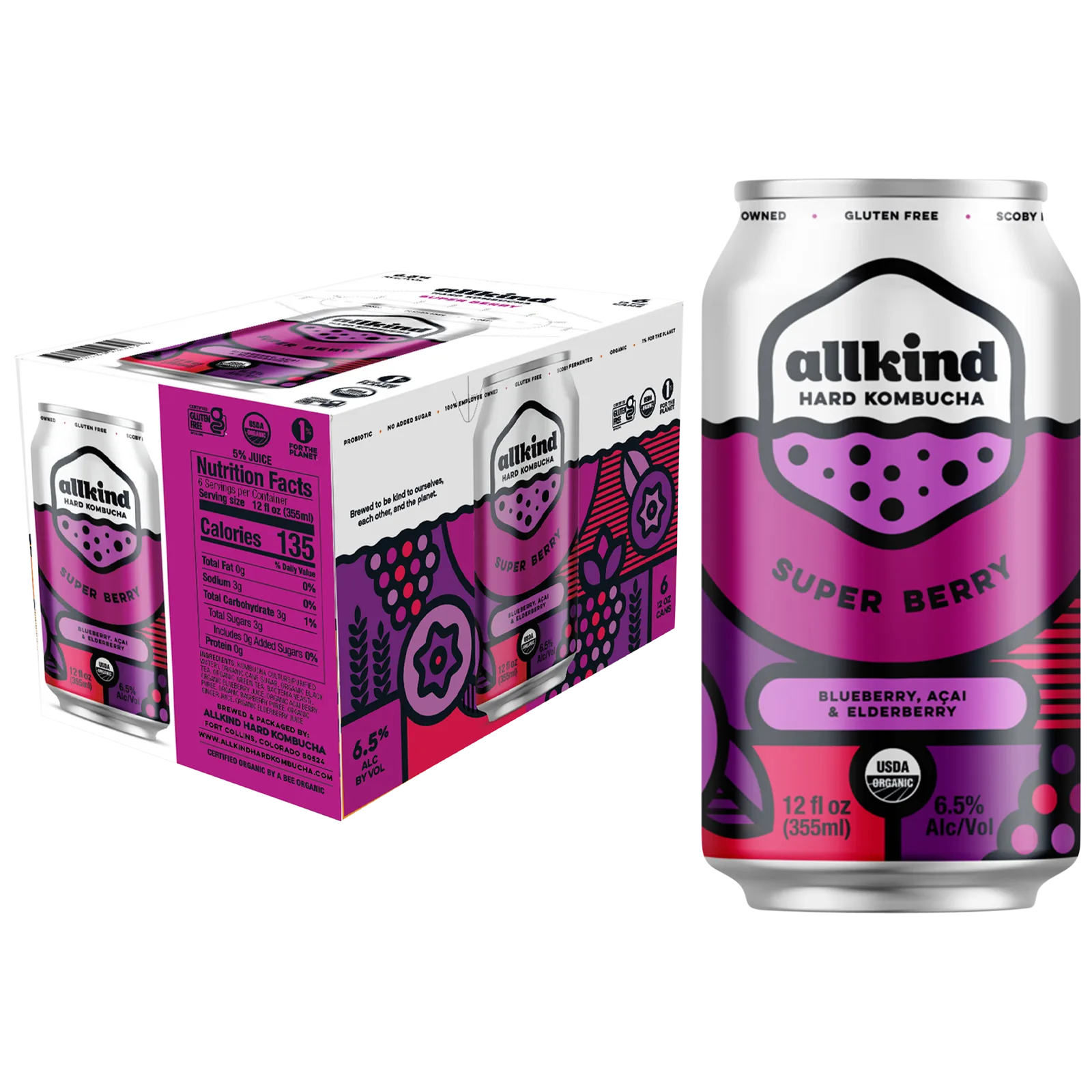 AllKind Super Berry Hard Kombucha 6pk 12oz Can 6.5% ABV