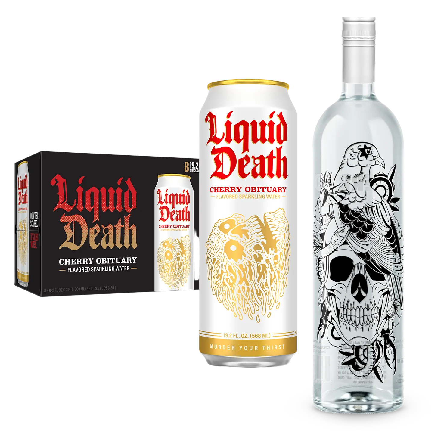 Superbird Blanco Tequila, Liquid Death Cherry Obituary Sparkling Water 8pk 19.2oz Can
