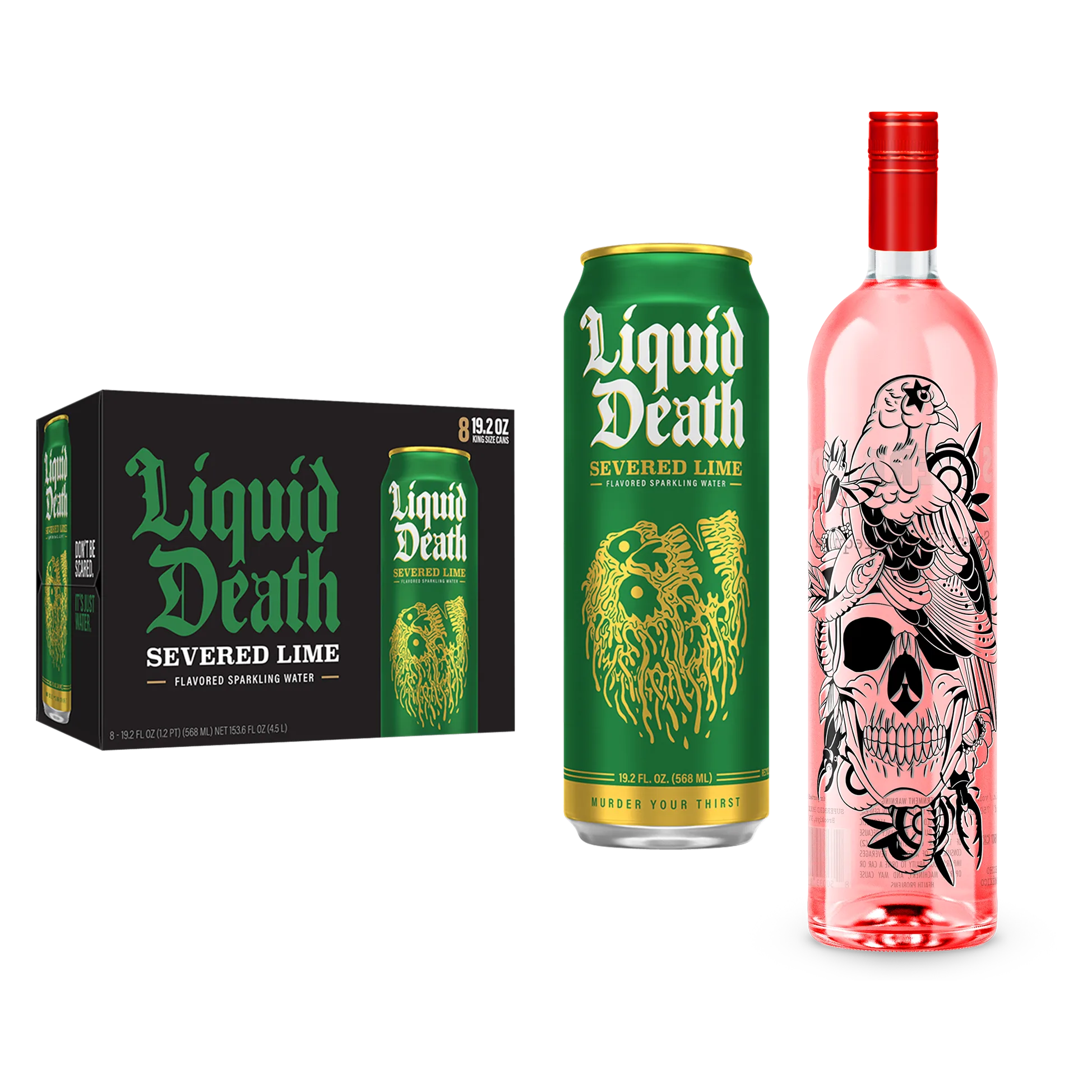 Superbird Spicy Tequila, Liquid Death Severed Lime Sparkling Water 8pk 19.2 oz King Size Cans