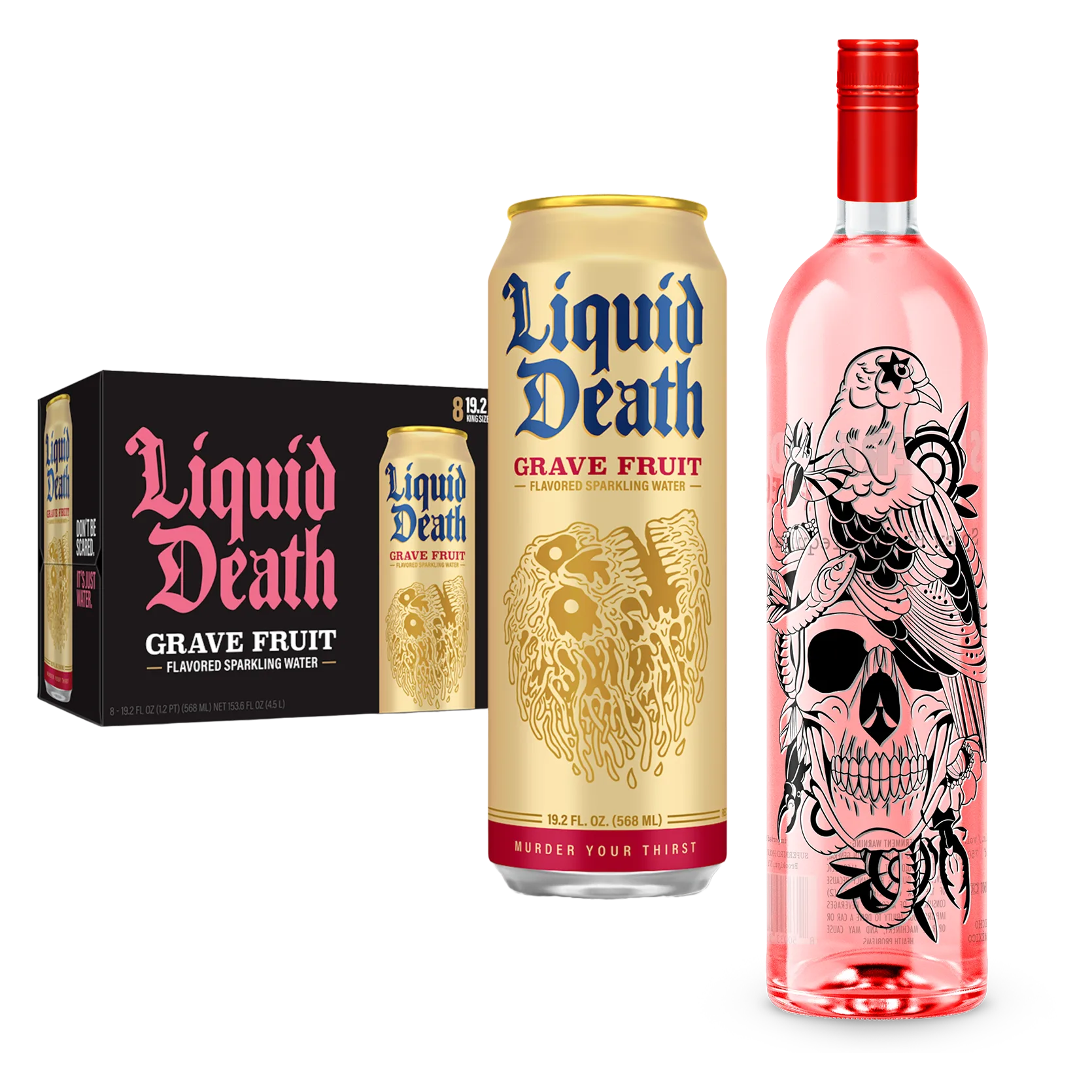 Superbird Spicy Tequila, Liquid Death Grave Fruit Sparkling Water 8pk 19.2 oz King Sized Cans