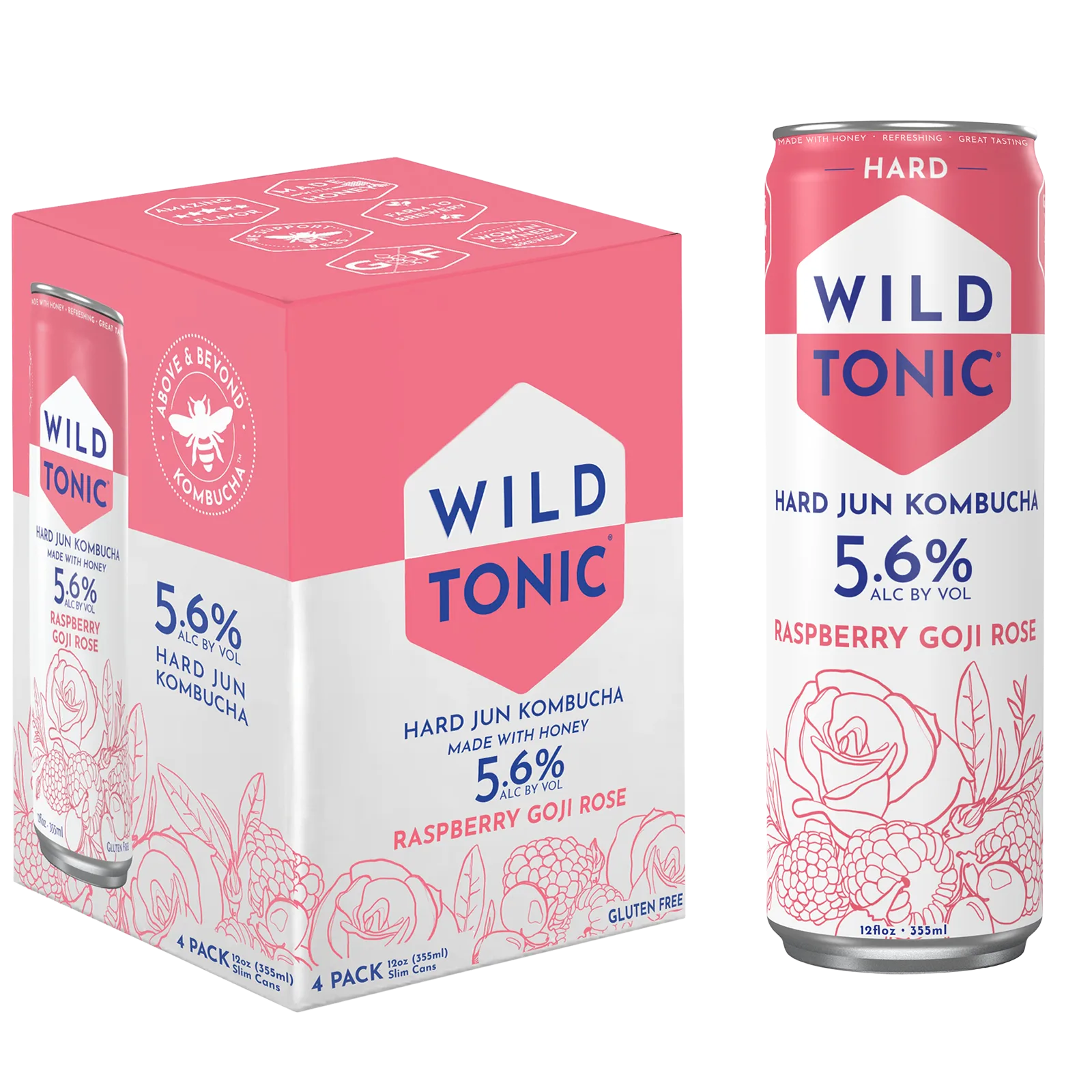 Wild Tonic Raspberry Goji Rose Hard Kombucha 4pk 12oz Can 5.6% ABV